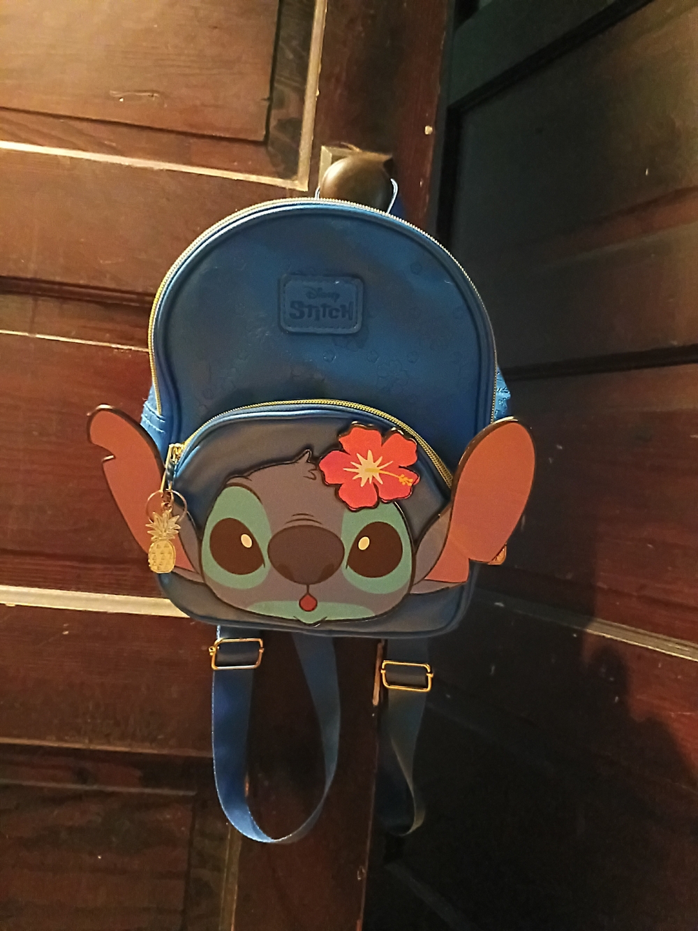 Disney Blue Stitch Mini Backpack with Pink Flower and Tan Ears